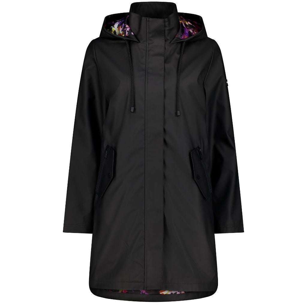 Billie Women&#39;s Rain Coat - Moke x Evie Kemp - Black with Purple Fleur