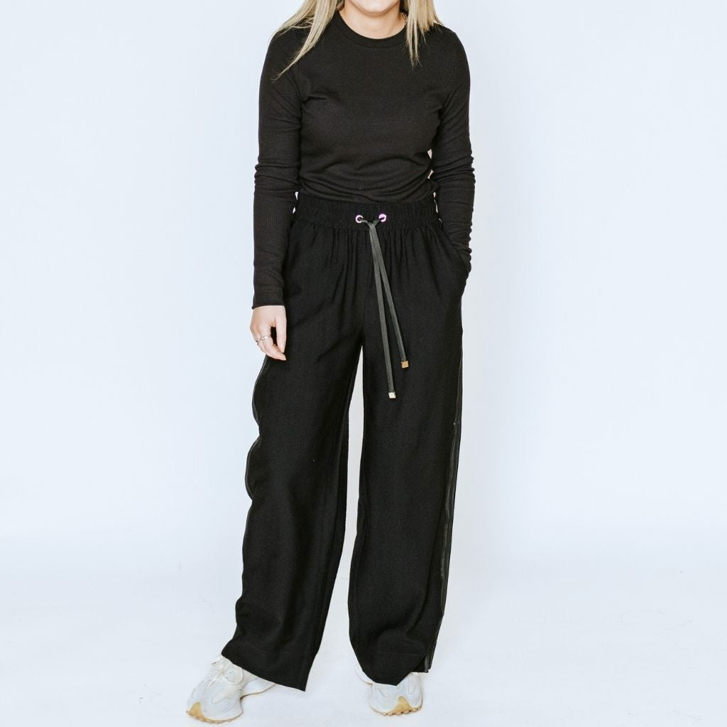 Indiana Women&#39;s Wide Leg Pants - Black with Satin