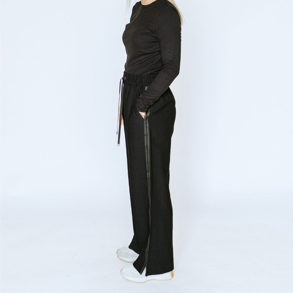 Indiana Women&#39;s Wide Leg Pants - Black with Satin