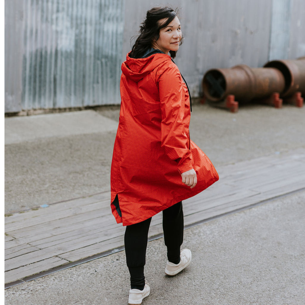 Georgie Women&#39;s Waterproof Rain Coat - Blood Orange / Fuchsia Check