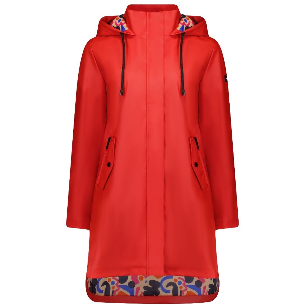 Billie Women&#39;s Rain Coat - Moke x Evie Kemp - Fiery Red with Collage